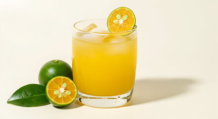 Fresh calamansi juice with ice cubes presented with citrus fruits and green leaf against a light background.