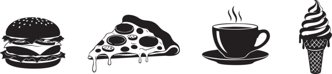 Silhouettes of Popular Food Items &ndash; Hamburger, Pizza, Coffee, and Ice Cream in Minimalist Black Icons