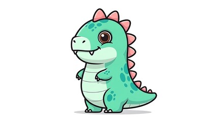 Fototapeta premium Cute cartoon green dinosaur with pink spikes and big brown eyes