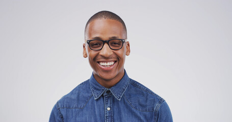 Smile, glasses and portrait business black man in studio for IT support, entrepreneur or pride....