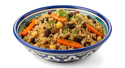 Delicious pilaf dish displayed in a beautifully patterned bowl, featuring rice, carrots, chickpeas, and raisins on a white backdrop.
