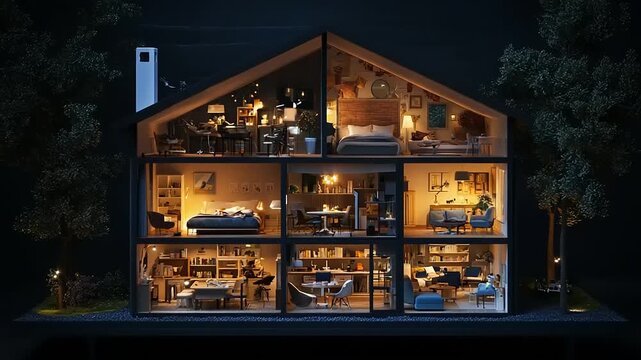 Interior of a split-level house at night