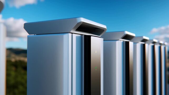 Modern electric vehicle charging station and battery storage units outdoors blue sky, showcasing sleek charger technology