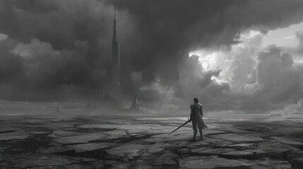 Obraz premium Gray, desolate landscape with lone figure