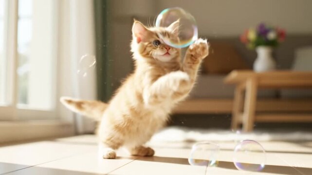A cute, playful kitten chases a ball of yarn inside a cozy room filled with sunlight.
