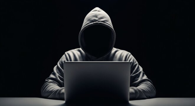 A person in a hooded sweatshirt sits at a table using a laptop, face obscured in shadow. - Powered by Adobe