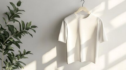 T-shirt mockup hanging next to plant, minimalist corner
