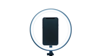 Circular ring light illuminating smartphone isolated on white background