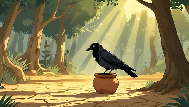 The clever, thirsty crow from Aesop's fable perched on a clay pot in a magical, sunlit forest with beautiful sunbeams.