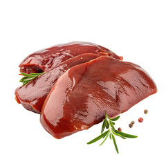 Raw beef liver with fresh rosemary and pepper, isolated on clear background for culinary purposes