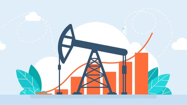 Oil rig on the background of graphs and charts. Price increase. Pumpjack on oil price chart, financial data. Land crude oil drilling rig, derrick, pump jack. Price per barrel. 2d flat animation	