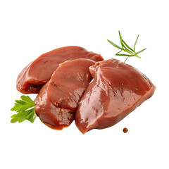 Fresh raw liver slices with green herbs for cooking and nutritious meal preparation on display