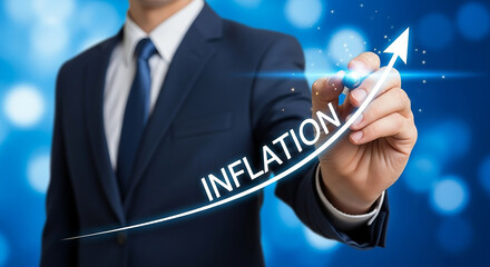 A man in a suit drawing an upward trending arrow labeled inflation on a blue bokeh background