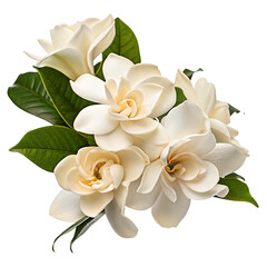 Elegant white gardenia bouquet with lush green leaves isolated on black background for decor