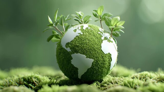 Greenhouse gas control. Green moss plant growing globe represents earth environment and nature preservation promoting green earth and environmental care