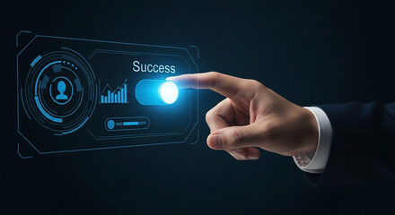 A hand activating a success toggle switch on a futuristic interface with data visualizations