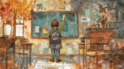 Warm watercolor illustration of a boy in plaid shirt and backpack raising his hand in a vintage classroom with autumn leaves outside the window