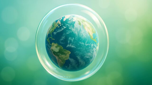 Greenhouse gas control. Earth globe inside transparent bubble floating with green bokeh background symbolizing environmental protection and care