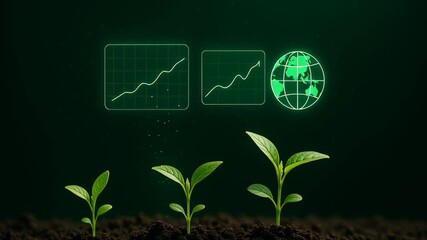 Greenhouse gas control. Young plant growth with market graph and globe icons symbolizing global business success and sustainable development progress - Powered by Adobe
