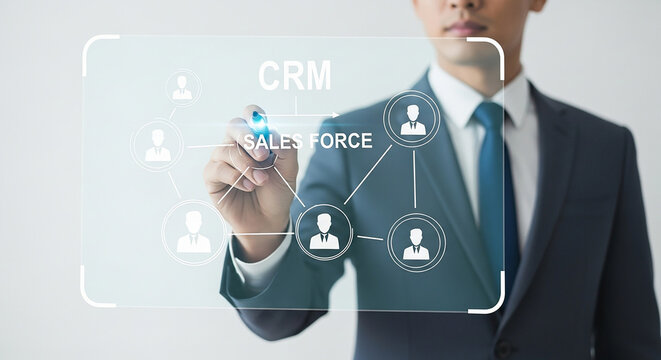 Businessman drawing crm and sales force diagram on transparent screen with blue marker in a suit - Powered by Adobe
