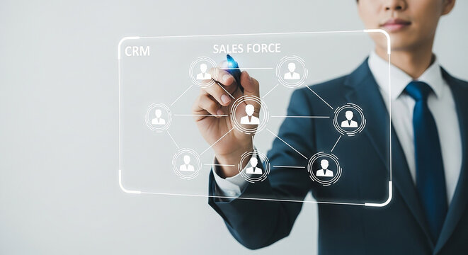 Man in suit drawing sales force crm network diagram on transparent screen with blue marker pen tool - Powered by Adobe