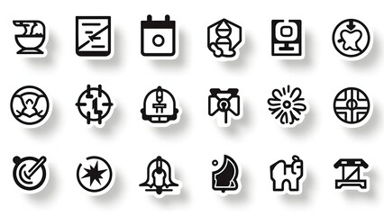 A comprehensive vector icon set featuring essential web and business communication symbols like a clock, computer, and buttons, all in black for versatile design illustration