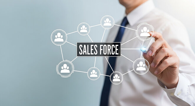 Man in shirt interacting with salesforce network diagram on a light blue background showing connections