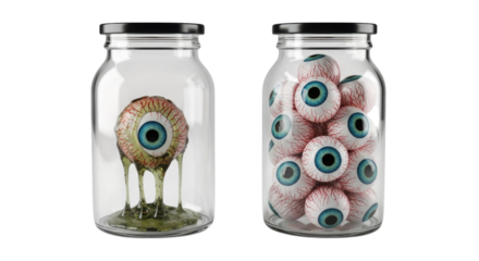 Creepy eyeball collection presents spooky eyeballs in jars perfect for Halloween themes and horror designs on a transparent background.