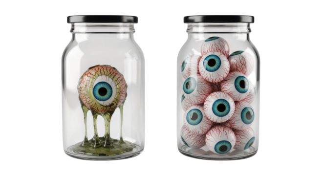 Creepy eyeball collection presents spooky eyeballs in jars perfect for Halloween themes and horror designs on a transparent background.