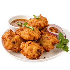 Crispy vegetable fritters with spicy chutney and fresh herbs served on a white plate closeup image