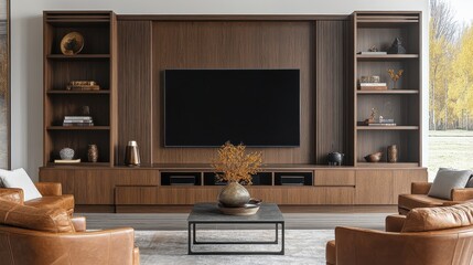 Modern media console with built-in shelving in a sophisticated living room.