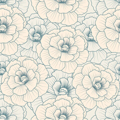 Soft vintage floral pattern in line art style with delicate blue outlines on a beige background. Perfect for minimal and elegant designs.
