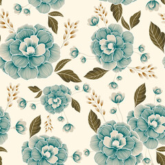 Elegant seamless floral design with teal blue flowers and brown foliage on a cream background. Suitable for textiles, wallpapers, and vintage-style packaging.