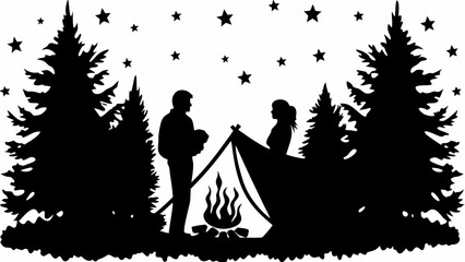 Silhouette of couple camping with tent and campfire under a starry night sky surrounded by trees