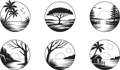 Silhouette Nature Landscape Illustrations in Circular Frame Design, Creative Black and White Landscape Vector Collection for Design Projects