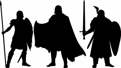 Three warriors in silhouette with swords spears and shields in a black and white illustration image