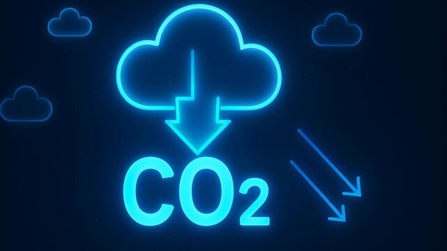 Greenhouse gas control. Carbon dioxide emission and reduction concept with glowing blue cloud and downward arrow symbols highlighting CO2 impact