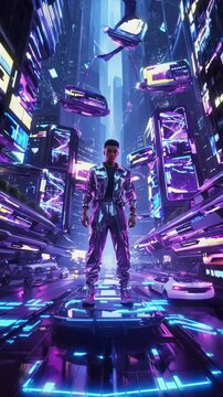 Futuristic cityscape with neonhued urban explorer amidst hovering digital platforms