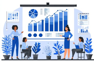 Obraz premium Engaging team collaboration in a contemporary workspace highlighted by professional women analyzing performance metrics through dynamic visual data representation and modern design elements with