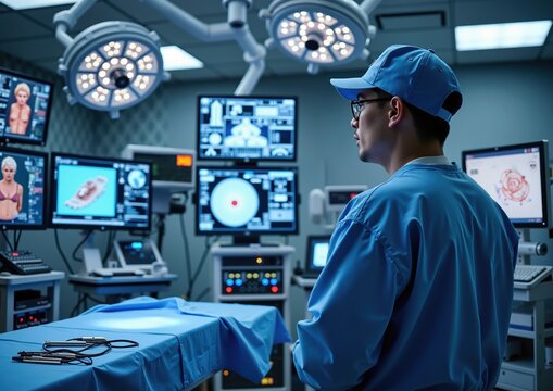 Asian male doctor in surgical room with advanced medical equipment and monitors - Powered by Adobe