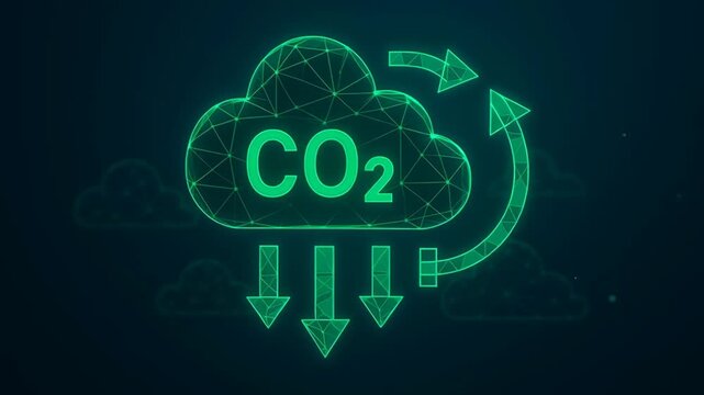 Greenhouse gas control. Green cloud with CO2 symbol and arrows representing carbon dioxide emission absorption combined with emission reduction concept