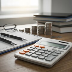 Calculator coins and notebook on a desk representing financial planning and accounting