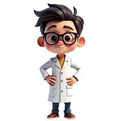 3d Cartoon scientist standing with hands on his waist area isolated on transparent background