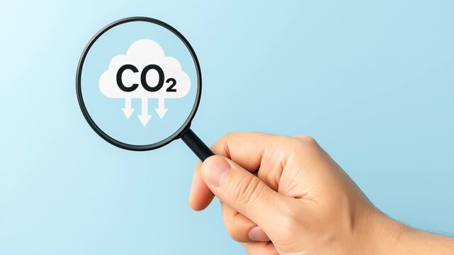 Greenhouse gas control. Hand holding magnifying glass focusing carbon dioxide CO2 symbol with cloud and arrows blue background concept carbon dioxide