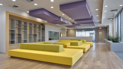 Bold citrus yellow seating beneath soft violet ceiling lighting angular bookshelf casting layered shadow bands across the wall polished