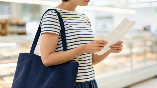Cost of living increase and inflation. Woman holding shopping list, striped shirt, blue bag, grocery store, planning, thoughtful, cost of living. Rising prices,financial pressure,economic crisis