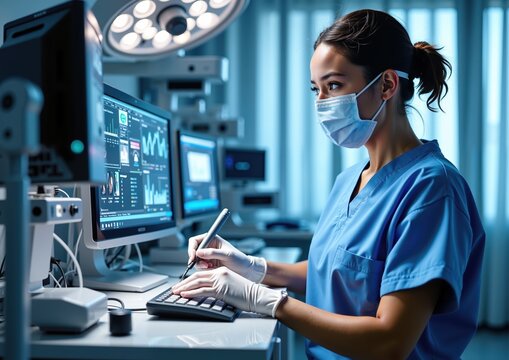 Asian female medical professional analyzing data on hospital computer with surgical mask and gloves