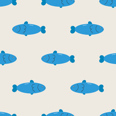 Seamless pattern with fish. Sea character. For design, fabric, wrapping, cards, textile, wallpaper, apparel. Isolated vector cartoon illustration in flat style.