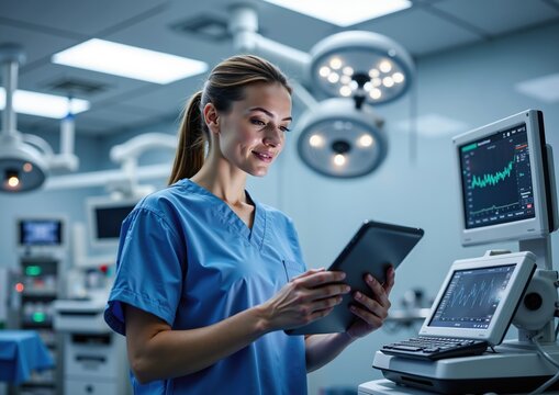Female healthcare professional in surgical room using tablet technology in modern hospital