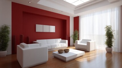 Bold living room design a crimson red accent wall contrasting with white minimalist furniture side-lit by natural sunlight filtering
